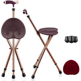 GYMAX Walking Stick Chair Combo, Folding Cane Seat with LED Light, Massage Seat Board & Ergonomic Handle, Adjustable Anti-Skid Walking Stick with Stool, Lightweight Outdoor Travel Rest Stool (Coffee)