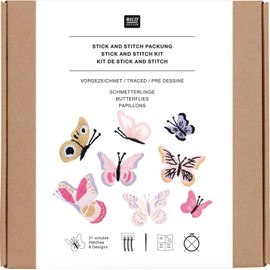 Rico Design Stick & Stitch Pack - Embroidery Set Spring with Embroidery Hoop, Needle, Yarn and Fabric for Creative DIY Projects Butterflies