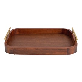 Kate and Laurel Lipton Mid-Century Rectangle Wood Tray, 10" x 18, Walnut Brown and Gold, Decorative Accent with Rounded Edges