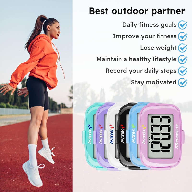 AVTREK Step Counter with Clip and Lanyard, 3D Pedometer Step