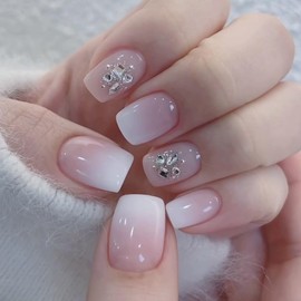 24 Pcs White Ombre Press on Nails Short Square Fake Nails Nude Pink False Nails with Glitter Rhinestones Design Glossy Nail Tips Full Cover Acrylic Nail Kit for Women Manicure 24 Pcs