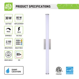 ASD 36 Inch LED Bathroom Vanity Light, 3 Color Adjustable 3000K/ 4000K/ 5000K, Dimmable Wall Mounted Light, Brushed Nickel, 30W (80W Replacement), 2100 Lm, 120V, Energy Star & ETL Listed