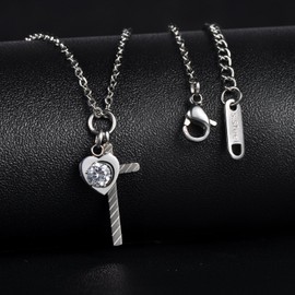 Feilok Elegant Cross Heart Women's Necklace Stainless Steel Adjustable Pendant Chain with Extender Silver, Stainless Steel