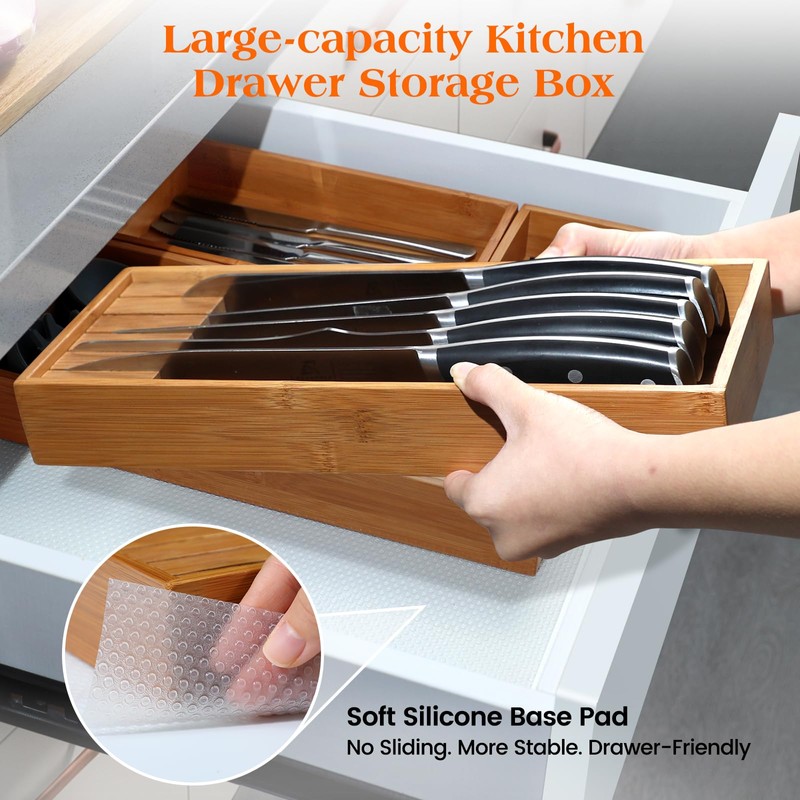 Piklohas Carbonized Bamboo Kitchen Silverwar Drawer Organizer,14.2 inch Length Natural