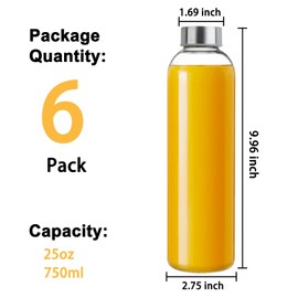 GUANENA 6 Pack Glass Water Bottles, 25oz Clear Glass Bottles with Stainless Steel Lids, Reusable Glass Drink Bottles with Caps, Juice Bottles for Juicing, Smoothies, Tea, Water, Beverages