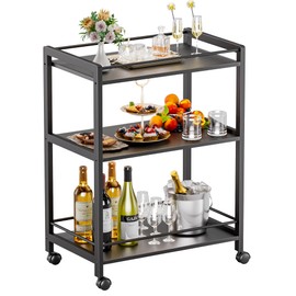 HITNET Bar Cart Black, Serving Cart for Home, 3 Tier Drinks Cart with Wheels, Rolling Beverage Cart for Kitchen Dining Living Room