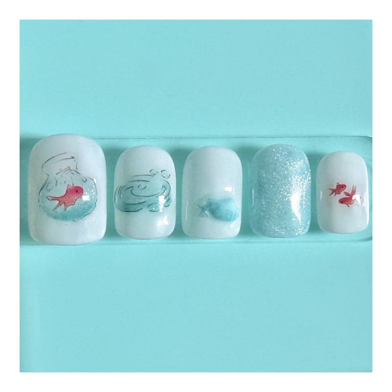 8:20AM, Blue waves and goldfish |Summer goldfish nail - almond