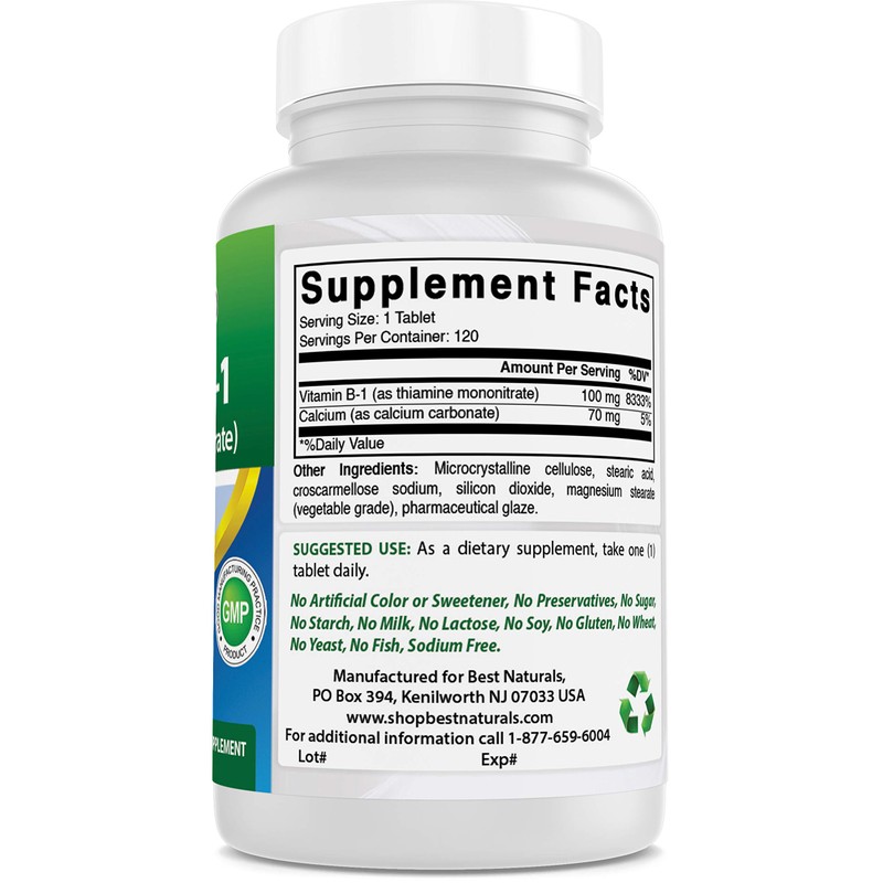 Best Naturals Vitamin B1 as Thiamine Mononitrate 100 mg 120