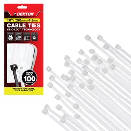 Dekton 100PC Cable Tie Set - 4.8MM X 250MM White | Heavy Duty Industrial Strength | High Temperature Resistant | Self-Locking Teeth | Ideal for Cables, Piping, Gardening & Wires | Indoor & Outdoor Use