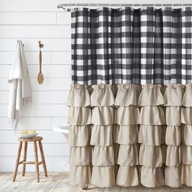 Seasonwood Farmhouse Shower Curtain Set with 12 Hooks Boho Shower Curtain with Button Bathroom Decor Black Buffalo Plaid Pattern with Fabric Ruffles Waterproof with Washable Durable 72"x72"