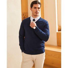 Kallspin Men's V-Neck Long Sleeve Jumper Pure Cotton Lightweight Pullover Casual Business Solid Sweater(Navy Blue, L)