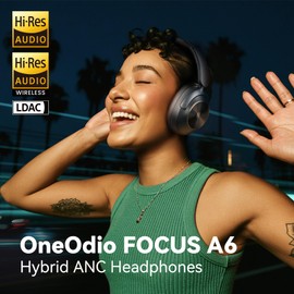 OneOdio Focus A6 Hybrid Active Noise Cancelling Headphones, 75H Playtime, LDAC Hi-Res Lossless Audio, Bluetooth 6.0, APP Control, Dual Mic Clear Call, Wireless Over Ear Headphones for Travel