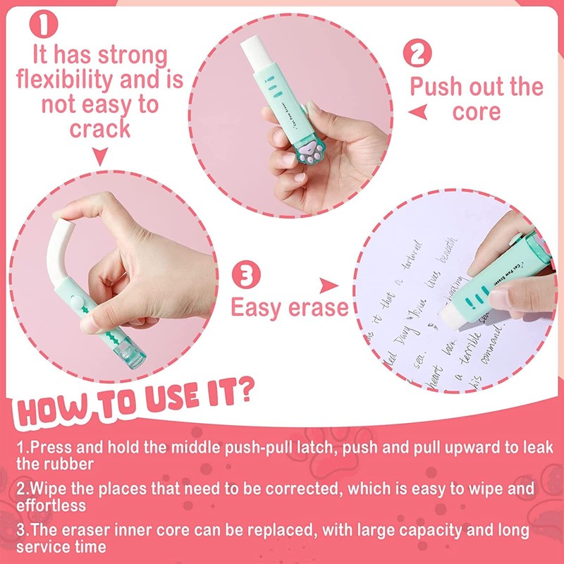 HDKAJL Cat Paw Eraser, Pack of 4 Retractable Erasers, Cute