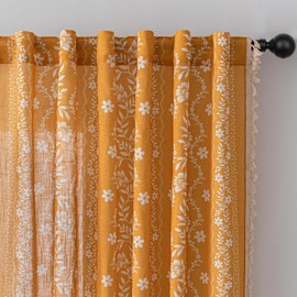 MYSKY HOME Boho Floral Curtains 84 inch Long 2 Panels Set Mustard Yellow Farmhouse Curtains for Bedroom Living Room Semi Sheer Vintage Bohemian Drapes with White Tassel Back Tab, 50" Wide