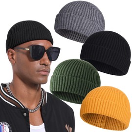 PHILIGHTS Swag Wool Short Fisherman Beanie for Men Women, Knit Cuff Warm Winter Hats, Soft Trawler Skull Cap Watch Hat Unisex, 4pcs-black, Yellow, Army Green, Gray, One Size