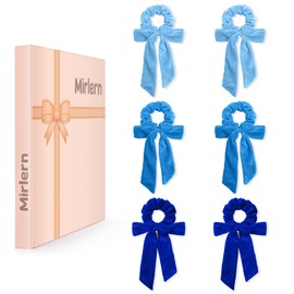 Mirlern 6-Piece Velvet Knotted Bow Scrunchies for Women and Girls, No Damage Cute Rubber Bands with Ribbon, Elastics Hair Ties Rope Ponytail Holder Hair Accessories (Blue Theme)