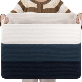 OIAHOMY 108L Large Cotton Rope Basket, Rectangle Woven Baskets for Storage, Nursery Blanket Basket Living Room, Toy Basket With Handle, Baskets for Organizing-25”x16”x16”-Gradient Blue