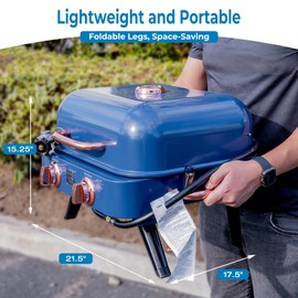 Kenmore Portable Propane Gas Grill - Tabletop BBQ Grill with Warming Rack, 2 Stainless Steel Burners with 14,000 BTUs, for Outdoor Kitchen, Camping, Navy & Copper