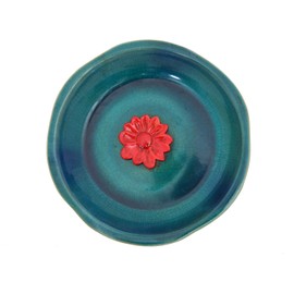 DUSVALLY Vintage Birdbath Ceramic Bowl Decor,Drinker Plate for Outdoor Garden Yard,Blue with Red Flower