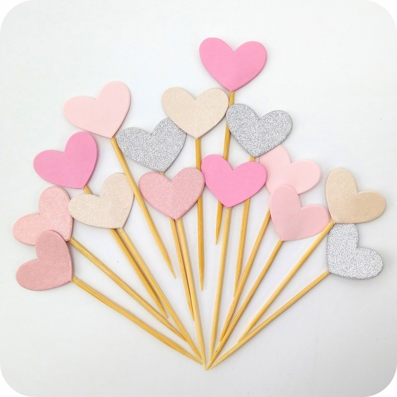 GUCUJI Cupcake Toppers, Funny Pink Heart Glitter, 50 Pcs