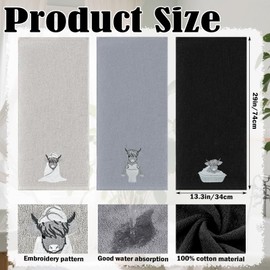 Viprest 3 Pcs Highland Cow Hand Towels Embroidered Farmhouse Highland Cow Gray Decorative Funny Bathroom Towels for Bathroom Kitchen Decor, 100% Cotton, 13.3 x 29.5''