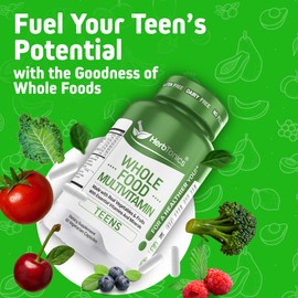 Herbtonics Whole Food Teen Vitamins for Energy, Focus & Immune Support - Multivitamin for Teenage Boys & Girls (12-18) with 62 Superfoods - Vegan, Plant Based, Non-GMO - 60 Easy Swallow Capsules
