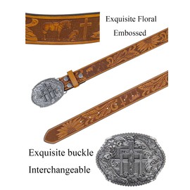 TOPACC Cowboy Belt for Men with Cross Buckle Western Cowgirl Belts for Women Brown Leather Belt for Jeans Pants Country Concert Outfit