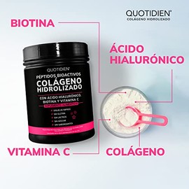 Quotidien Péptidos Bioactivos de Colageno Hidrolizado + Ácido Hialurónico + Biotina + Vitamina C-Suplemento Alimenticio específico para piel y uñas- ¡