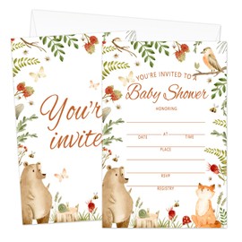 AWDSTN Woodland Baby Shower Invitations with Envelopes, 25 Set Forest Woodland Greenery Baby Shower Fill-In Invitation Cards, Gender Reveal Party Decorations & Supplies -06