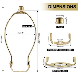 8 inch Lamp Shade Harp Holder, Lamp Harp Fits E26 Light Base UNO Fitter Adapter, UNO Fitter Adapter Finial Set, Adapted All Styles of Lamp Shade, Table and Floor Lamps (Gold) QC-17