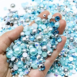 Townem 60g Mix Pearls and Rhinestones, Flatback Rhinestones and Pearls for Crafts Tumblers Shoes Nails Face Art, Mixed Sizes 2mm-10mm, Aquamarine|Silver|Gray
