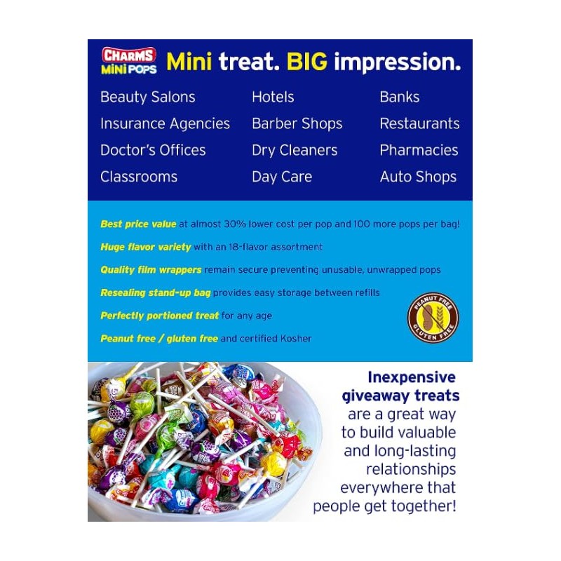 Tootsie Roll Charms Mini Pops, 18 Flavors, Individually Wrapped, Peanut