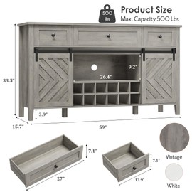 GarveeHome 59'' Farmhouse Buffet Cabinet with Sliding Barn Door, Rustic Sideboard with 3 Drawer, Removable Wine Rack, Farmhouse Sideboard with Adjustable Shelf for for Dining Room, Kitchen, Vintage