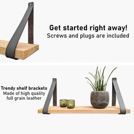 Brute Strength - Leather shelf brackets - Dark Grey - 2 pieces - Floating shelf set - Wall brackets - Shelf straps - Full grain leather
