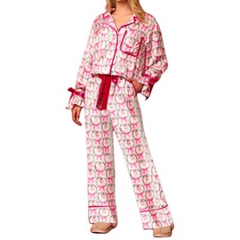 Yiulangde Satin Silk Bow Tie Christmas Pajamas Women Cute Santa Nutcracker Pjs Sets Xmas Ribbon Pajama Shirt Wide Leg Ruffle Pant Suits