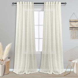 Cream Boho Sheer Curtains Drapes for Living Room 90 Inch Length 2 Panels Set Country Shabby Chic Rod Pocket Semi Sheer Window Treatments Farmhouse Curtains for Bedroom 90 Inches Long,Off White Ivory