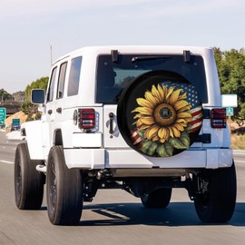 Delerain Spare Tire Cover with Backup Camera Hole Sunflower with USA Flag Wheel Covers Waterproof Dust-Proof UV Sun Universal Fit for Jeep Trailer RV SUV Truck (17 Inch for Diameter 31"-33")