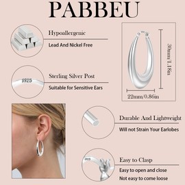 PABBEU Chunky Gold Hoop Earrings for Women, Lightweight 14k Real Gold Plated Hoops Earrings, Hypoallergenic 925 Oval Gold Hoops Earrings, Thick Gold Hoop Earrings for Women Gifts, Silver, No Gemstone