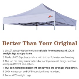 SCOCANOPY Commercial 10x10 Replacement Canopy Top,Canopy Cover ONLY,Bonus 4 Pack Weight Bag (Light Grey)