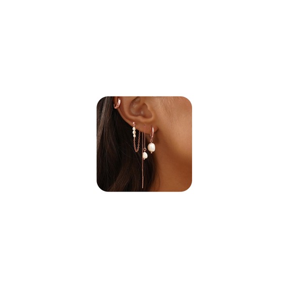 Moodear Dainty Pearl Drop Hoop Earrings for Women - Trendy