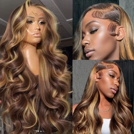 13x6 Lace Front Wigs Human Hair, Chocolate Brown Balayage Caramel Blonde Highlights Lace Front Wigs Human Hair 22 Inch Body Wavy Brown Mixed Blonde Highlights Glueless Lace Frontal Wigs Pre Plucked
