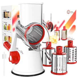Cambom Rotary Cheese Grater Hand Crank Cheese Shredder for Fresh Cheese, Vegetable, Nuts,Non-slip Suction Base, Free Cleaning Brush Three Blades,Red White
