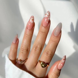 LOPMNGHT Press on Nails Medium Almond Acrylic Cat Eye Flower Design French Almond 24 Pcs Full Cover Glossy Reusable Coffin Nails Glue on Nails for Women