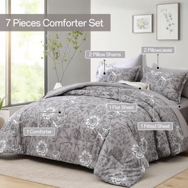 Yiran 7 Piece Bed in a Bag Queen Grey Comforter Set White Floral Bedding Set Flower Leaves Botanical Soft Microfiber Comforter with Flat Sheet Fitted Sheet for All Season(Queen 90"×90")