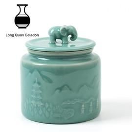 LONG QUAN CELADON Ceramic Food Storage Jar with Elephant Lid, Coffee Canister, Cookie Jar, Candy Jar, Dog Treat Container, Coffee Containers for Countertop