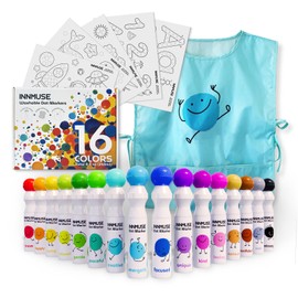 INNMUSE Playful 16 Washable Dot Markers for Toddlers with 18 Activity Sheets, Paint Smock & Downloadable Coloring Sheets, Toddler Arts and Crafts, Bingo Daubers Supplies for Kids