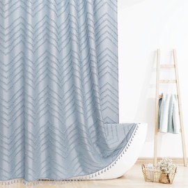 Craidlela Fog Blue Boho Extra Long Shower Curtain 72 x 78 Inches, Modern Textured Tufted Chevron Striped Fabric, Minimalist Waterproof Cloth Shower Curtain for Bathroom or Hotel Decor
