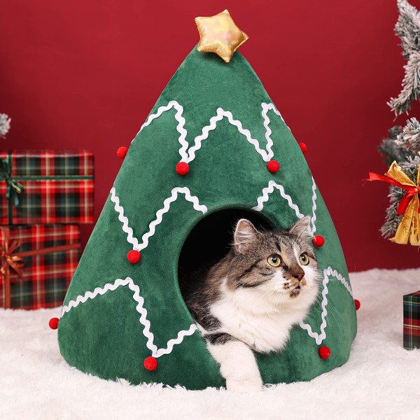 Christmas Tree Cat Hut Bed Cave Nest House Cat Igloo Xmas Kitten Hut Hideout,Cute Pet Cave Beds for Small Dog or Bunny