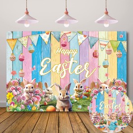 Spring Easter Backdrop Colorful Wooden Wall Bunny Colorful Eggs Photography Background Happy Easter Background Easter Party Decorations Banner (8x6FT（240x180cm）)