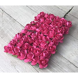 OOKI-144 Pcs 15mm Artificial Mulberry Paper Rose Flower Wedding Scrapbook DIY Craft Scrapbooking Bouquet Craft Stem Handmade Rose Valentines Anniversary Embellishment Mini Paper Rose (Fuchsia)
